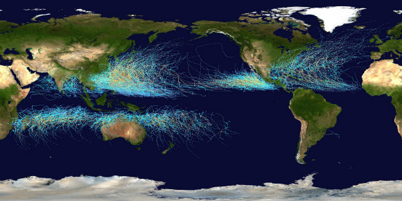 全球台风路径分布(1985-2005,美国nasa)